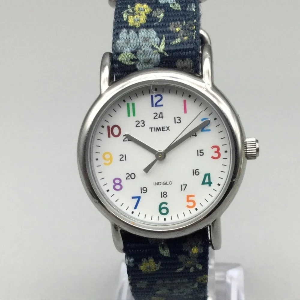 Timex Indiglo Womens Watch 31mm White Dial Blue Floral Nylon Strap New Battery